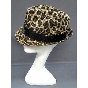 Fedora Straw Hat  – 12 PCS w/ Leopard Print - Brown - HT-1183BRMT